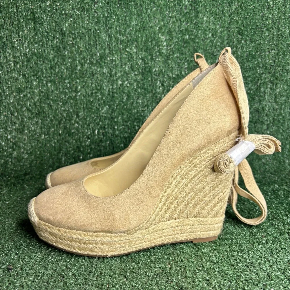 NEW Jessica Simpson Suede Ankle Tie Boho Espadrille Wedge Sandals Tan Womens 10M